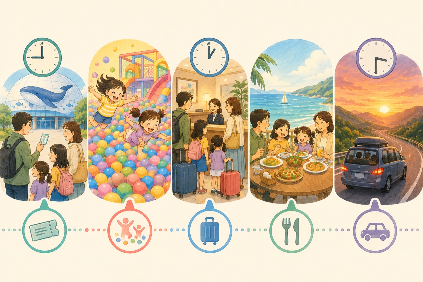 3日目の流れ。9時の整理券、ボールプールで遊ぶ、13時チェックアウト、ランチ、帰路の5場面