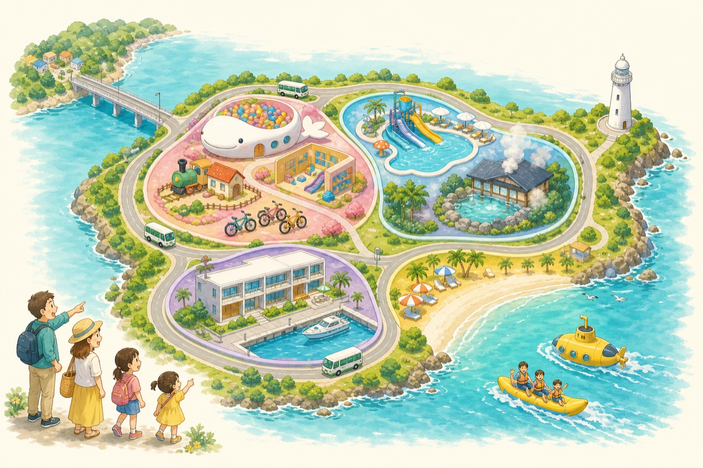 伊王島の絵地図。ガーデンエリア、スパエリア、ホテルエリア、海エリアと灯台、島を回る循環バス