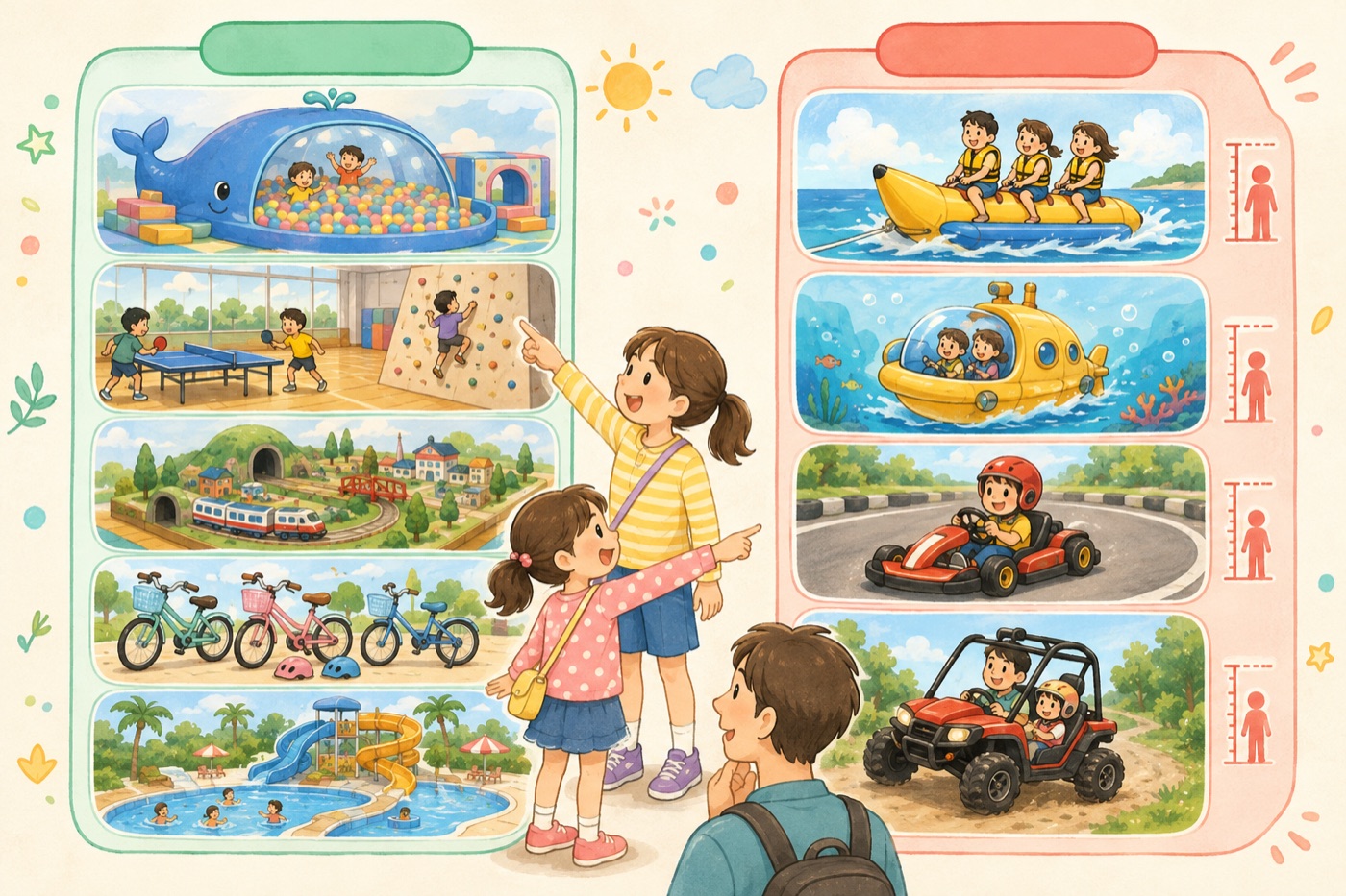 遊びの選び方の図。左に無料の遊び、右に有料の遊び、真ん中に身長の違う姉妹が立っている