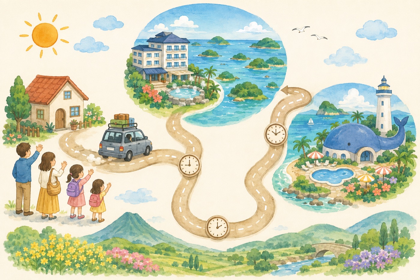 3日間の旅の地図。おうちから1日目の九十九島のホテル、2日目の伊王島のリゾート、3日目に帰宅する道のり