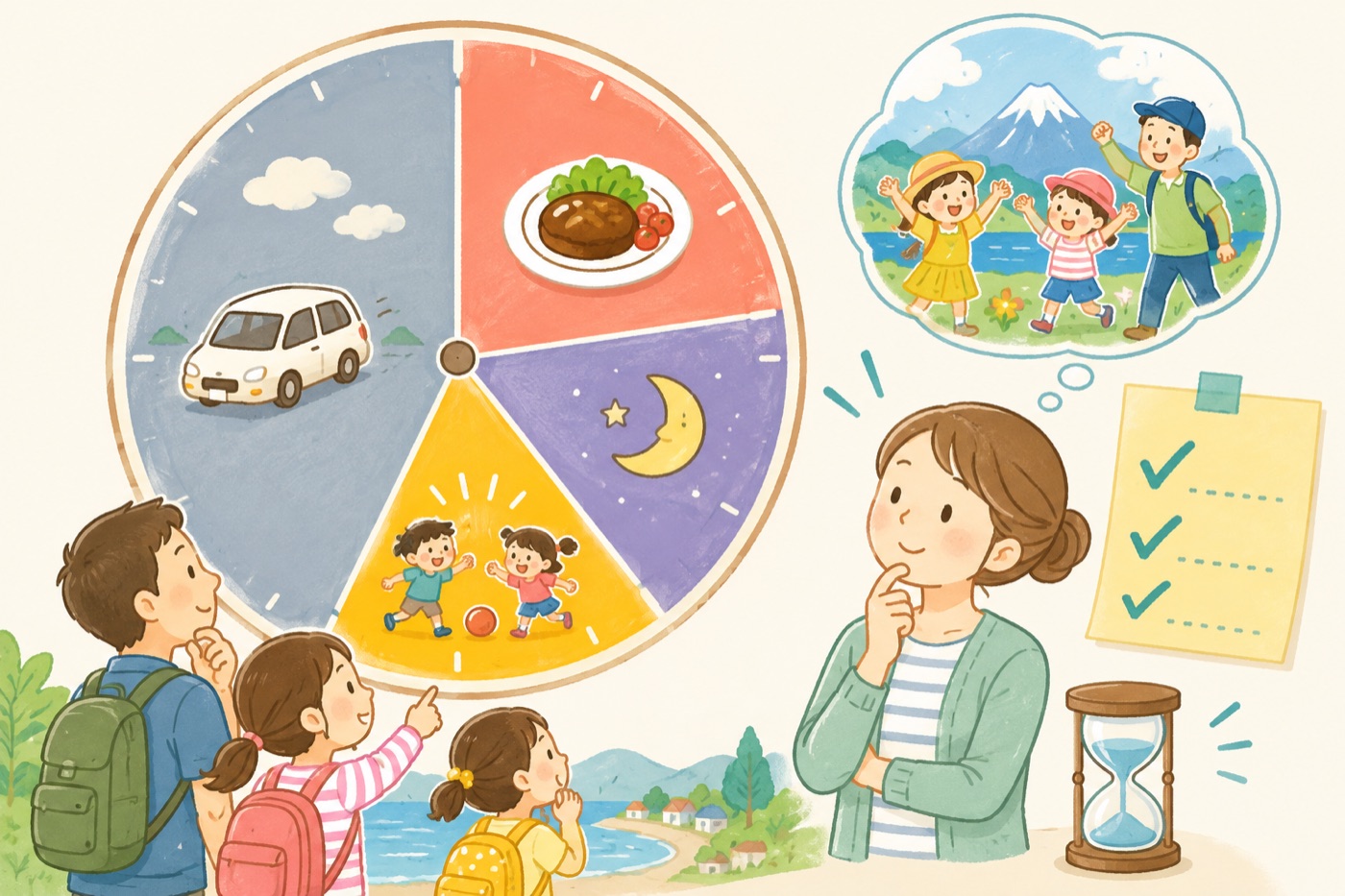 3日間の時間の使い方を円グラフで示した図。移動・ごはん・ねるが大きく、あそぶ時間は思ったより小さい