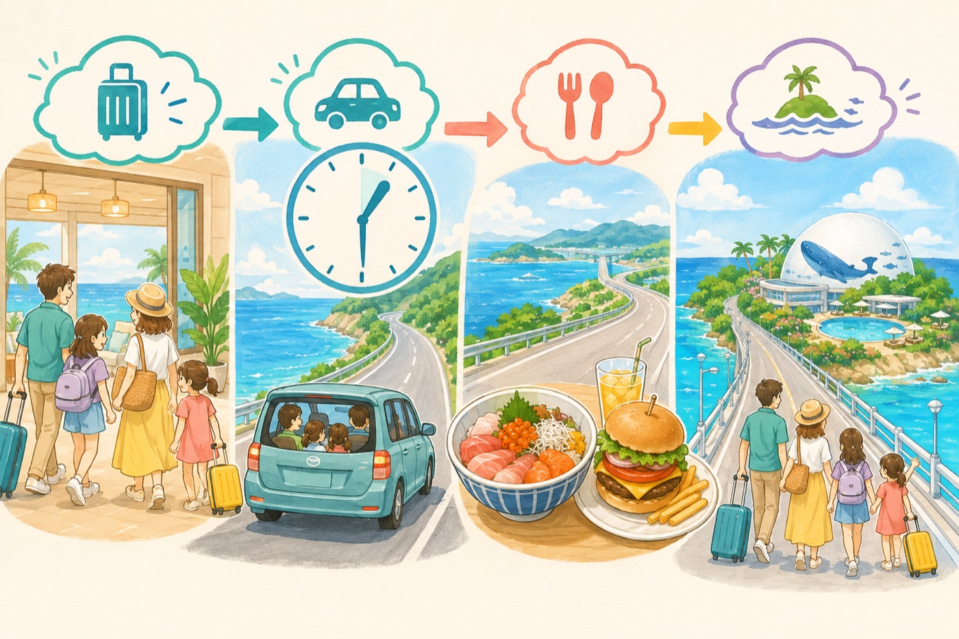 2日目の移動。チェックアウトして海沿いを1時間半走り、ランチをして橋を渡って島へ